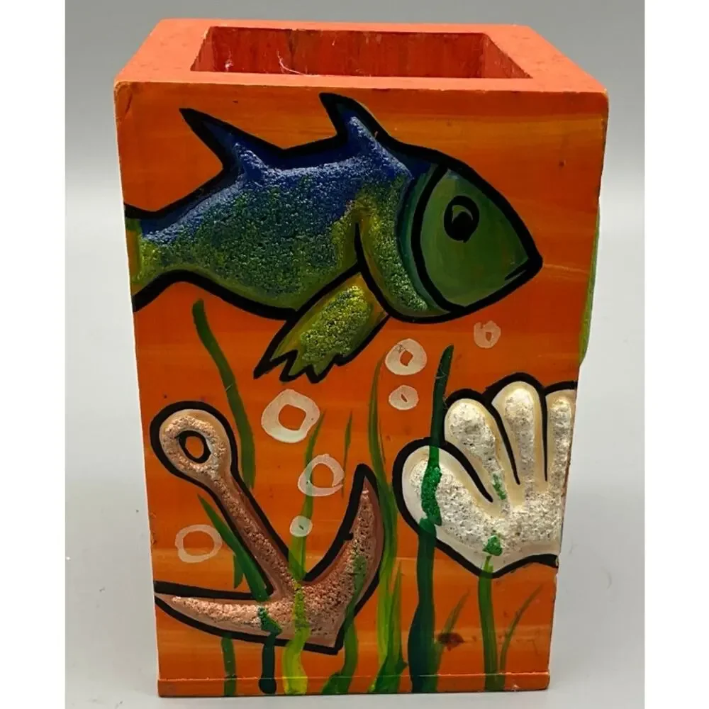 Roatan Reef Wooden Utility Storage Box Hand Painted 3D Painted Fish 3